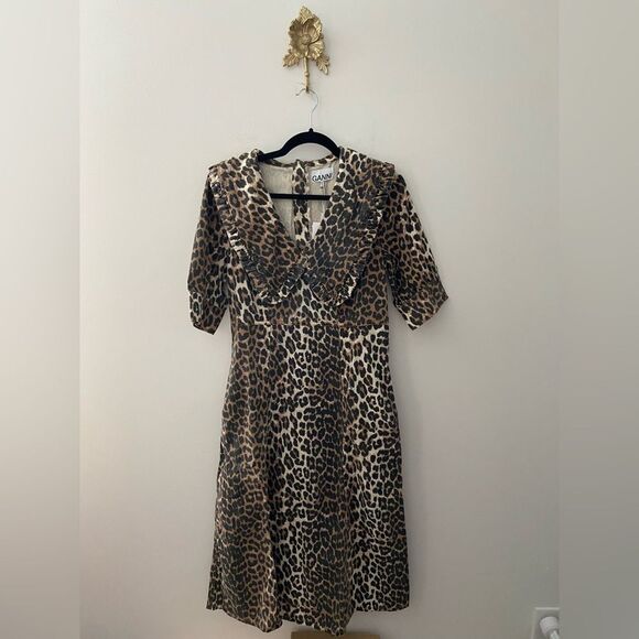 Ganni Leopard Print Midi Denim Dress 38 - Picture 4 of 13